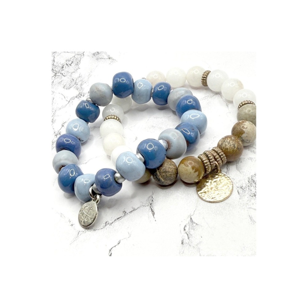 Papillon Haiti Bracelet Set Chunky Beaded Stretch Blue Quartz Artisan